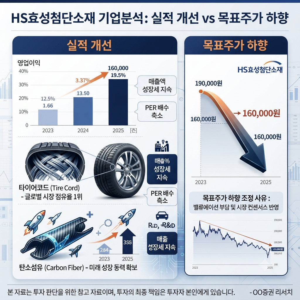 HS효성첨단소재의 2분기 실적 개선과 목표주가 하향 배경을 비교한 투자 분석 이미지