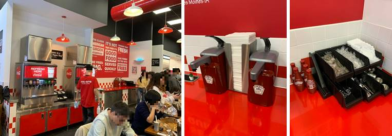 음료 및 케첩, 티슈, 물티슈, 후추, 소금 등등 마련되어있는 테이블