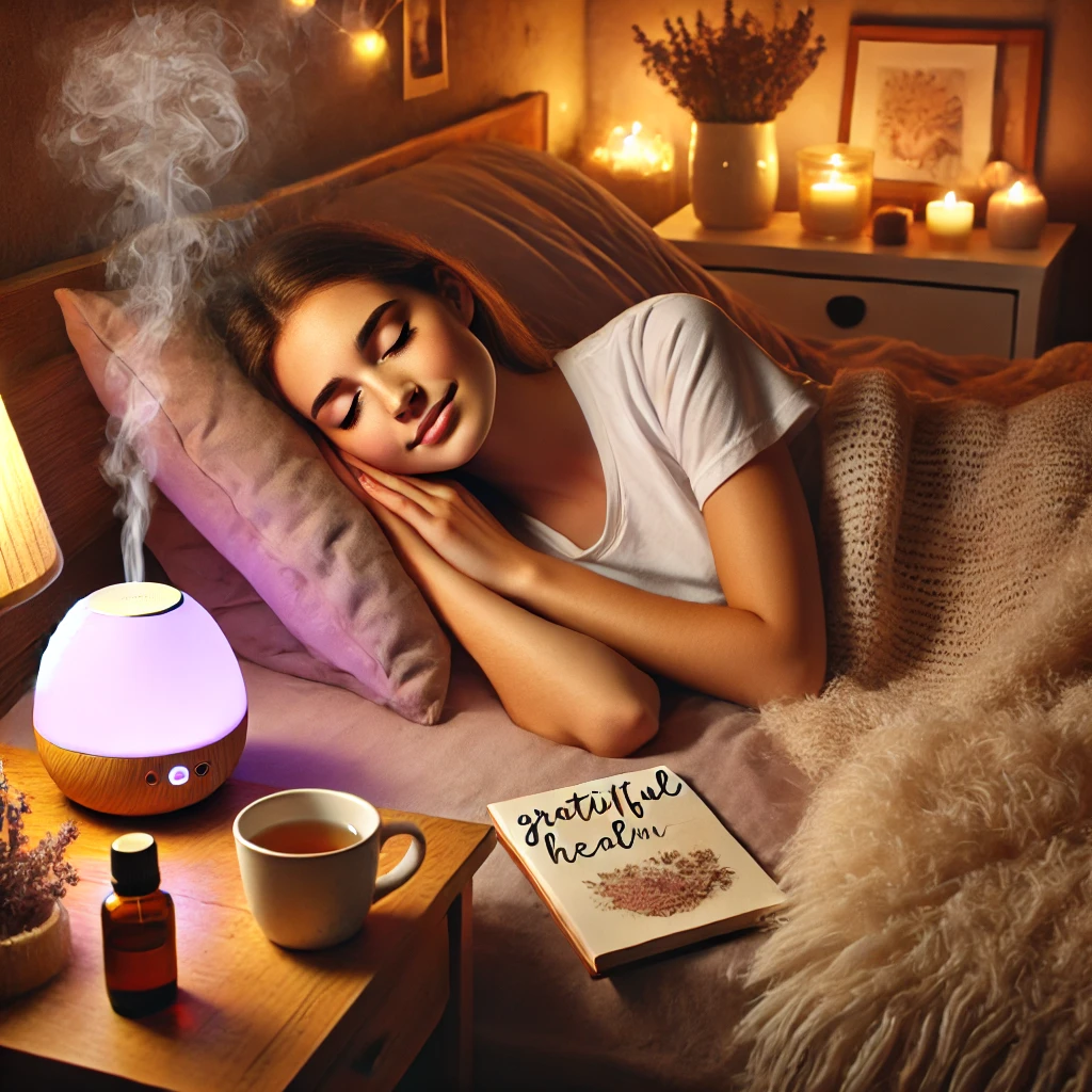감정 회복을 위한 수면 루틴 속에서 평온하게 잠든 여성, 감사 일기와 허브티, 아로마 디퓨저가 있는 아늑한 침실의 따뜻한 장면