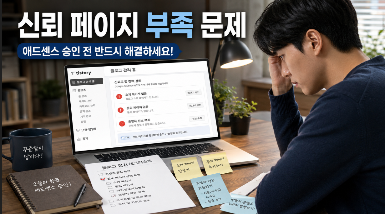 애드센스 승인 준비 블로그에서 소개 페이지와 문의 페이지 부족 문제를 점검하는 이미지