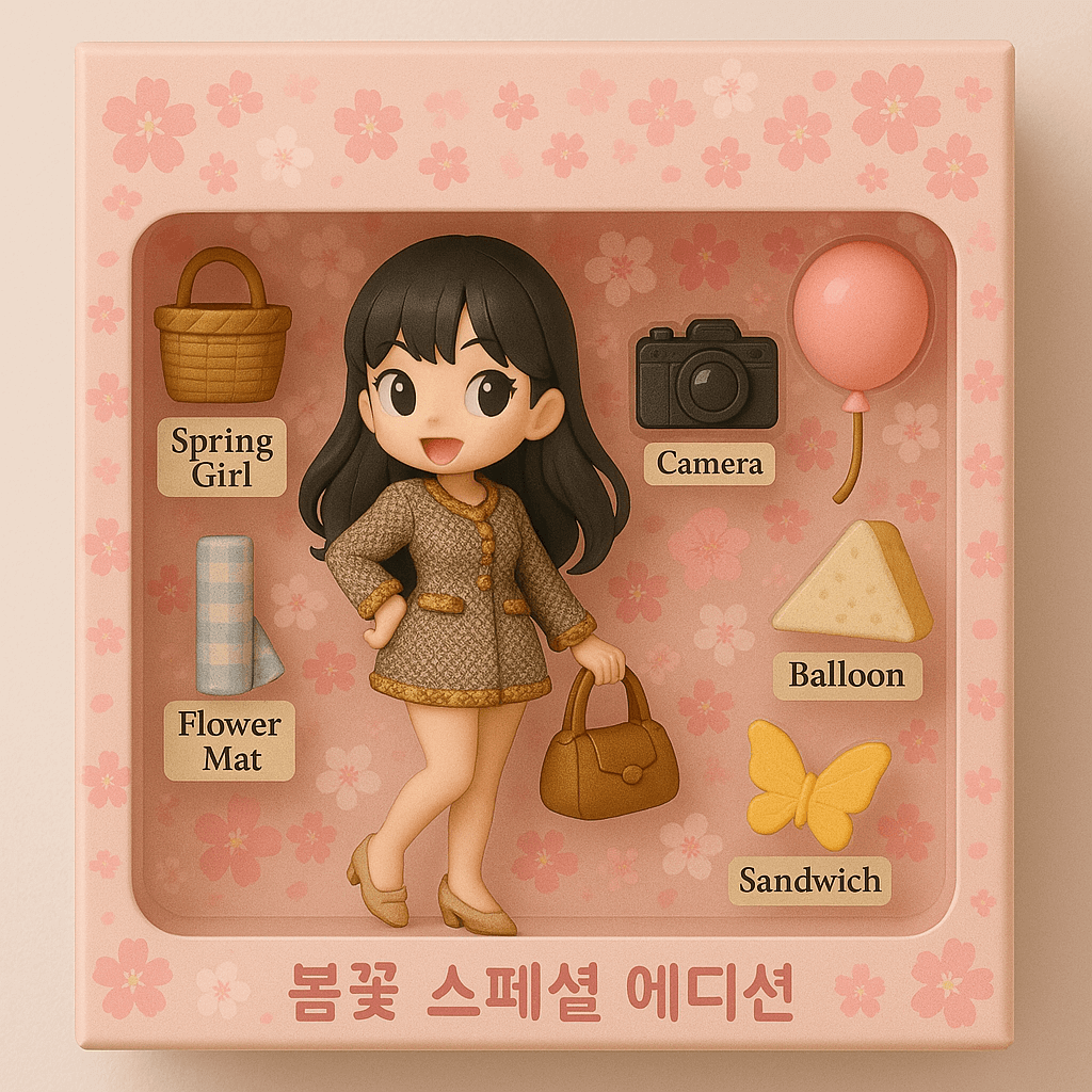 프롬프트 '봄꽃 테마의 귀여운 인형 박스, 소녀와 소풍 소품 포함'으로 생성한 AI 이미지
