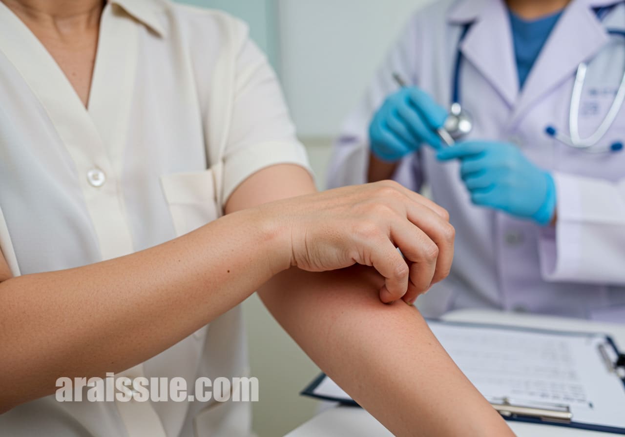 아토피 증상으로 고통받는 한국인 여성의 모습과 정확한 진단의 중요성을 강조하는 의료 차트