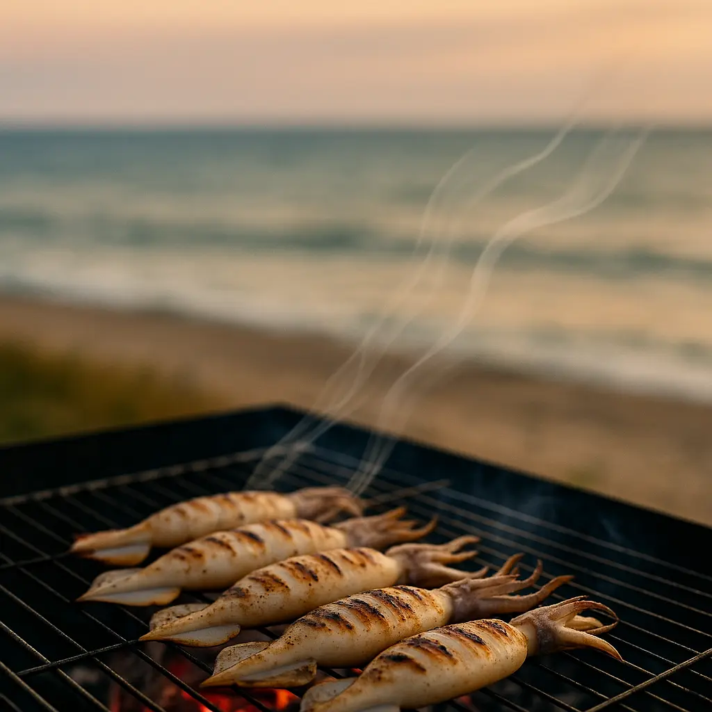 해변가의-여명-조명-속-숯불-그릴에-구워지는-오징어-여러-마리