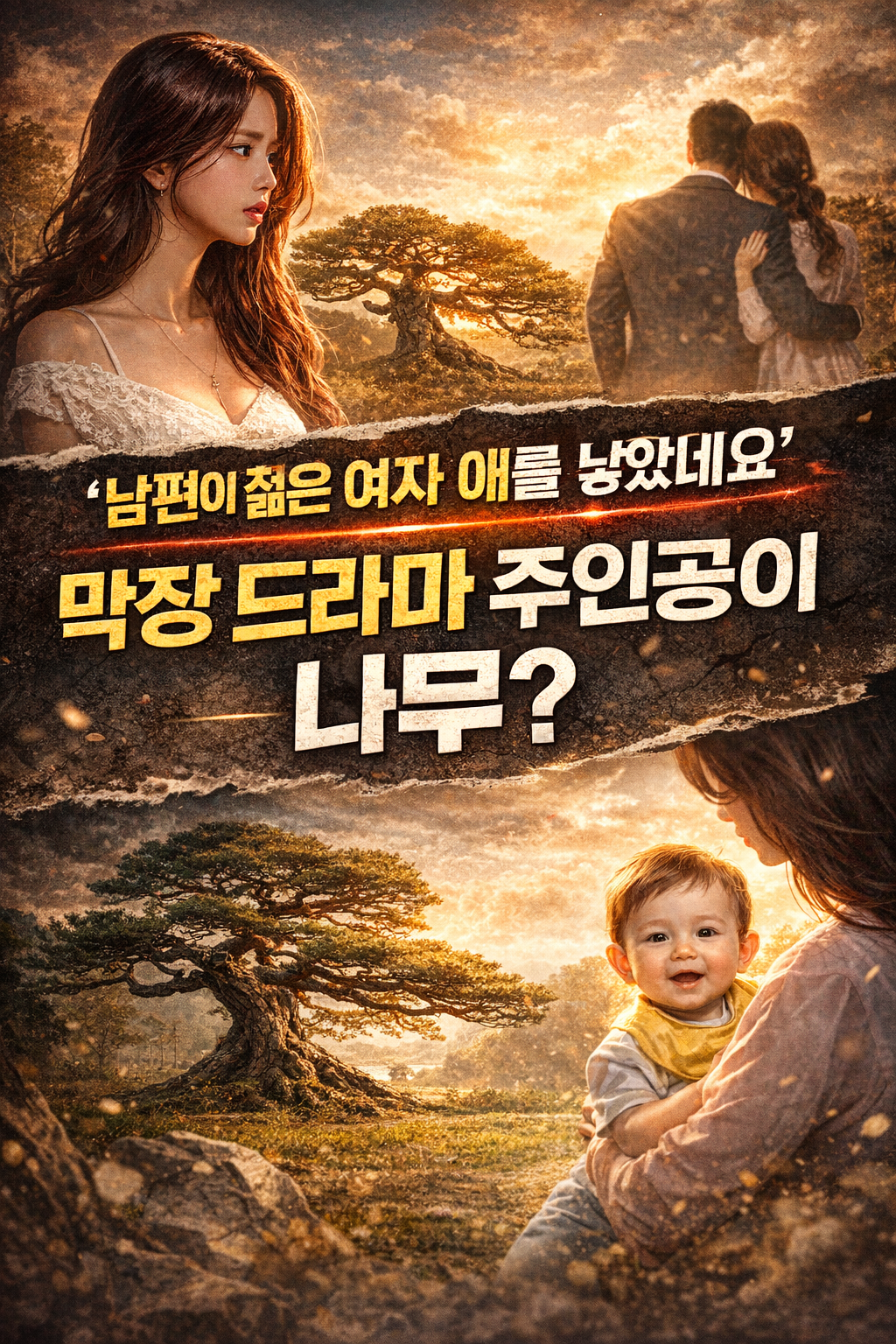 “남편이 젊은 여자와 애를 낳았다” 문구와 소나무 실루엣이 강조된 생명·역사 스토리형 뉴스 썸네일 이미지