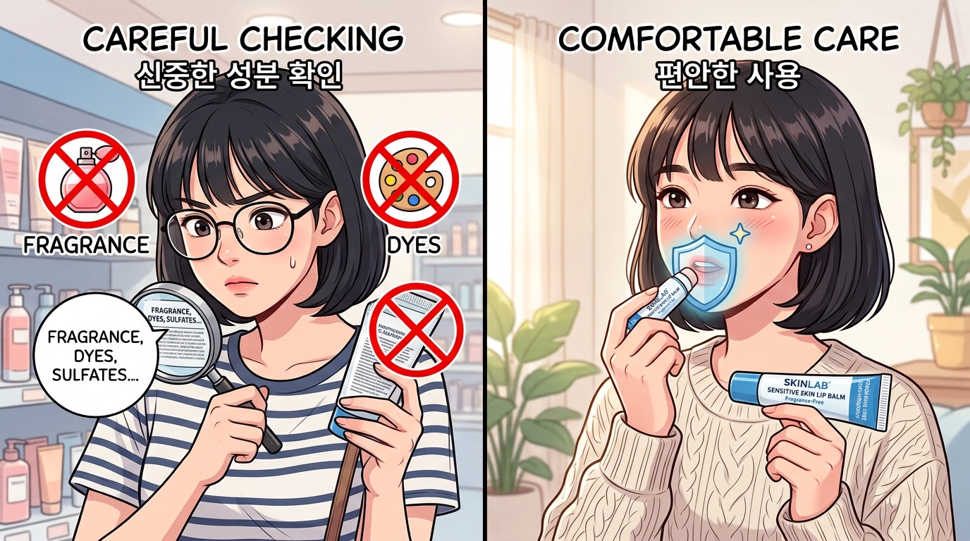 화장품 성분표를 확대경으로 꼼꼼히 살피는 모습(왼쪽)과, 알레르기 유발 성분이 없는 순한 립 케어 제품을 사용하여 부작용 없이 웃는 모습(오른쪽)을 대조적으로 표현한 웹툰 스타일 일러스트레이션. 성분 확인을 통한 입술 보호의 중요성을 강조함.