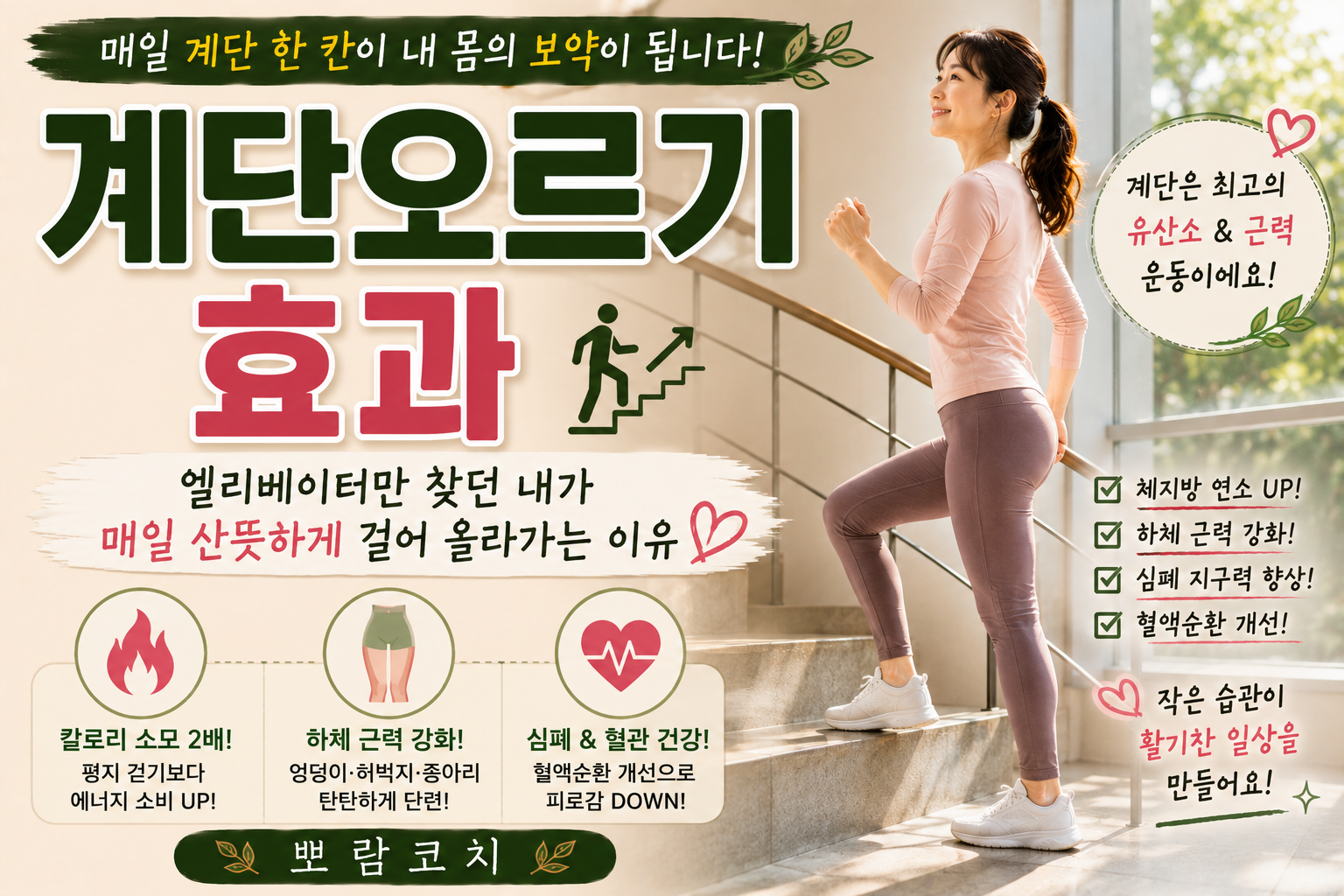 따스한 햇살이 내려앉는 깨끗한 실내 계단에서 바른 자세로 천천히 걸어 올라가는 모습