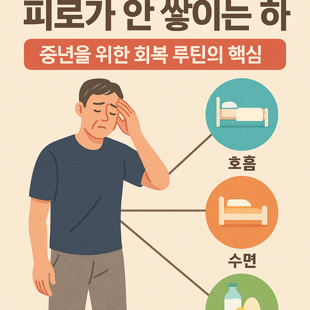 중년 남성이 복식호흡을 하며 하루 회복 루틴을 실천하고 있고, 옆에는 수면, 영양, 피로관리 요소가 정리된 인포그래픽 스타일의 일러스트