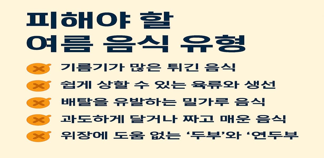 어르신이 여름철에 피해야 할 음식 유형을 정리한 한국어 인포그래픽