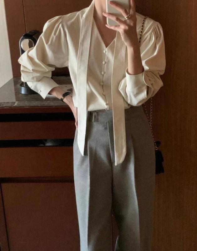 블랙당일/libre 리브레 피치 버튼 블라우스 브이넥블라우스 타이블라우스 하객룩블라우스