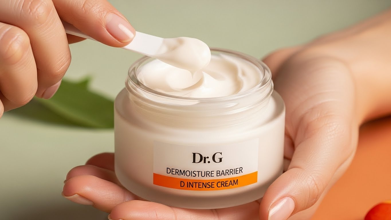 닥터 지 더모이스처 배리어 디 인텐스 크림 병을 클로즈업한 고품질의 전문 스튜디오 샷입니다.