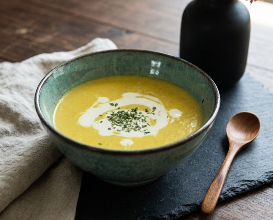 보라카이의 감성 식탁 저온 소성 단호박 크림 수프 플레이팅 완성 사진