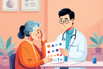 의사가 노년 여성에게 도형 검사지를 보여주며 치매선별검사를 진행하는 장면