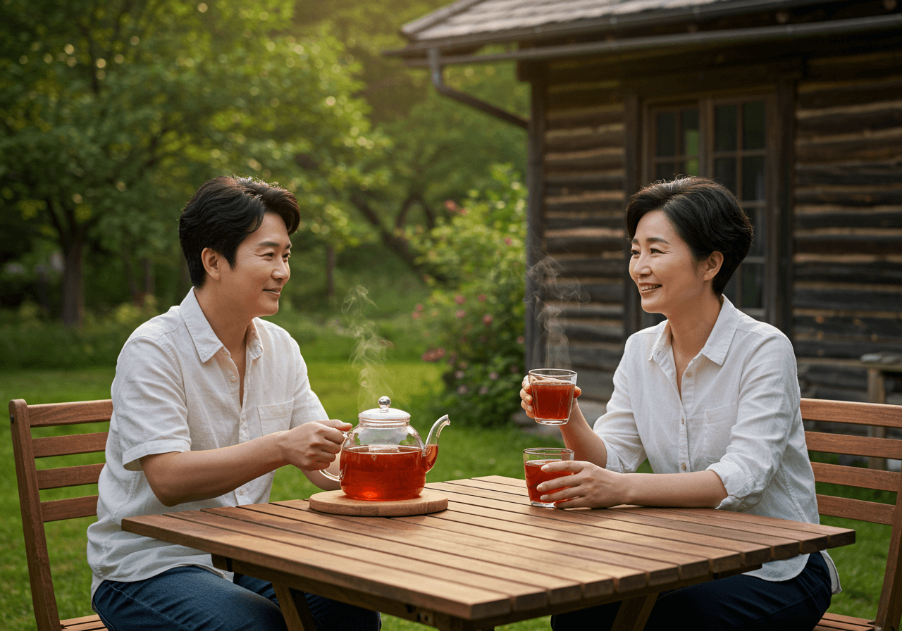 전원주택 정원에서 갈색빛 마가목 차를 마시는 40대 부부