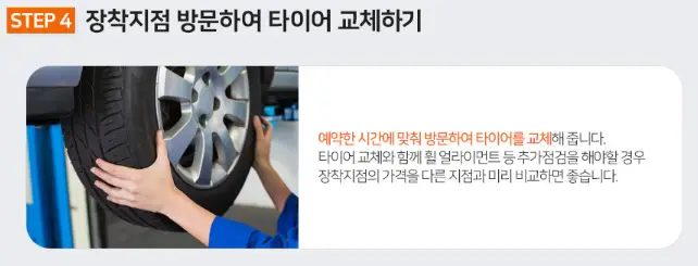 타이어 교체-
좌측상단 검은글씨 장착지점 방문하여 타이어 교체하기
아래 자동차 타이어를 두손으로 잡고있는 모습