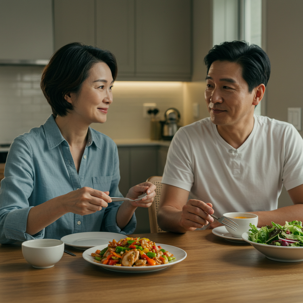건강하고 맛있는 저녁 식사를 함께 즐기는 행복한 표정의 중년 한국인 부부