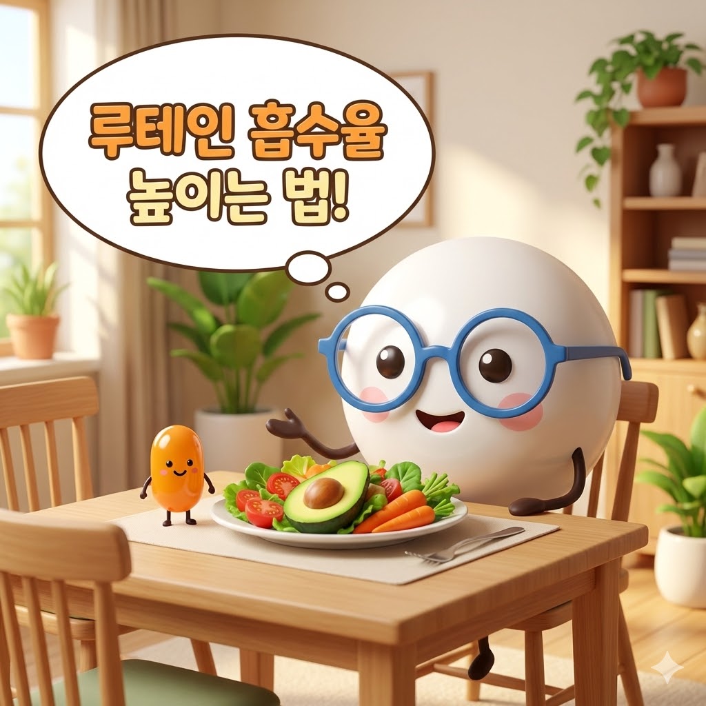 건강한 식사를 하며 루테인 영양제를 복용하는 귀여운 눈 캐릭터, 루테인 흡수율을 높이는 방법을 보여줍니다.