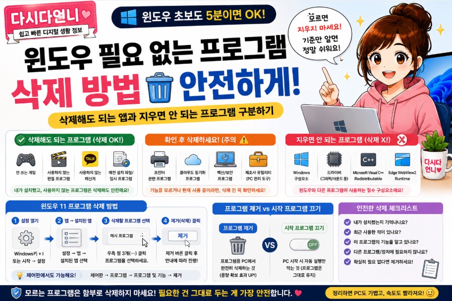 윈도우 필요 없는 프로그램 삭제 방법｜삭제해도 되는 앱과 지우면 안 되는 프로그램 구분하기