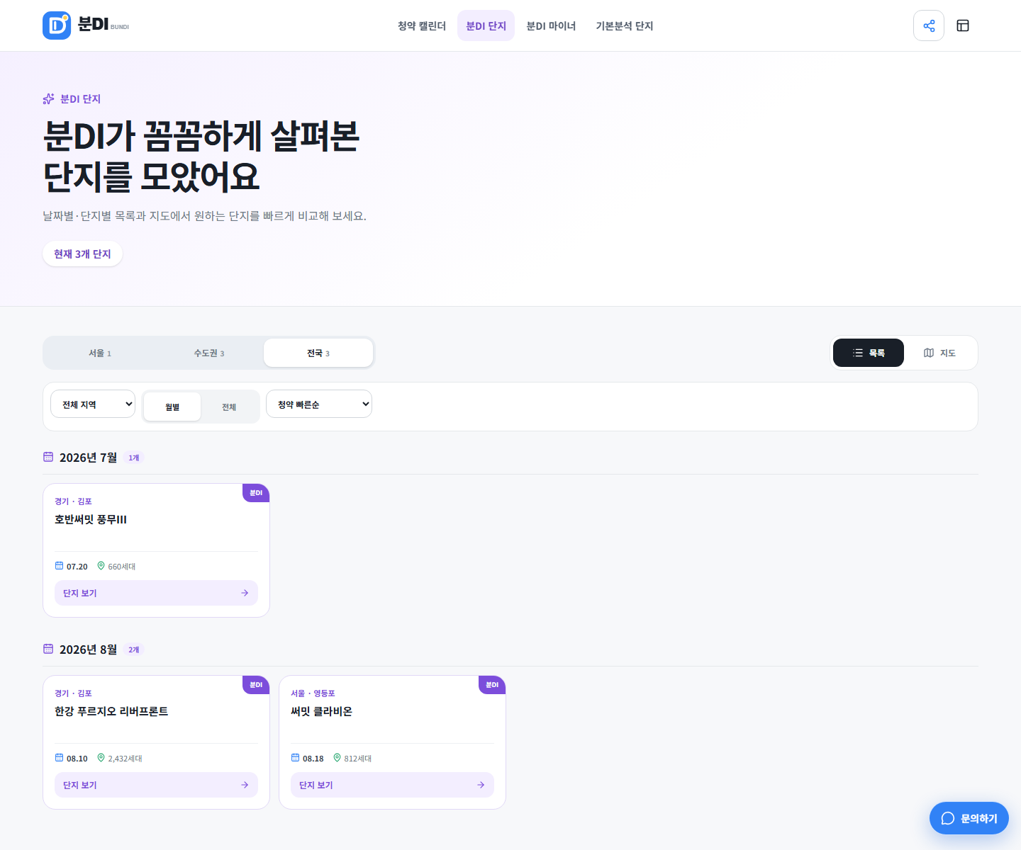 날짜와 지역별로 청약 단지를 찾는 분DI 단지 목록 화면