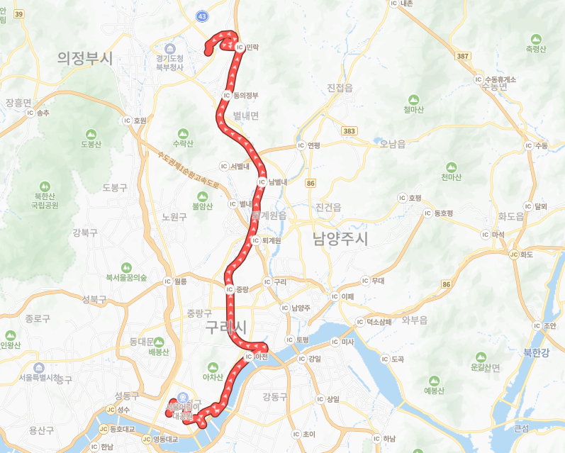 서울-의정부-P9402(퇴근)번-버스-노선-지도