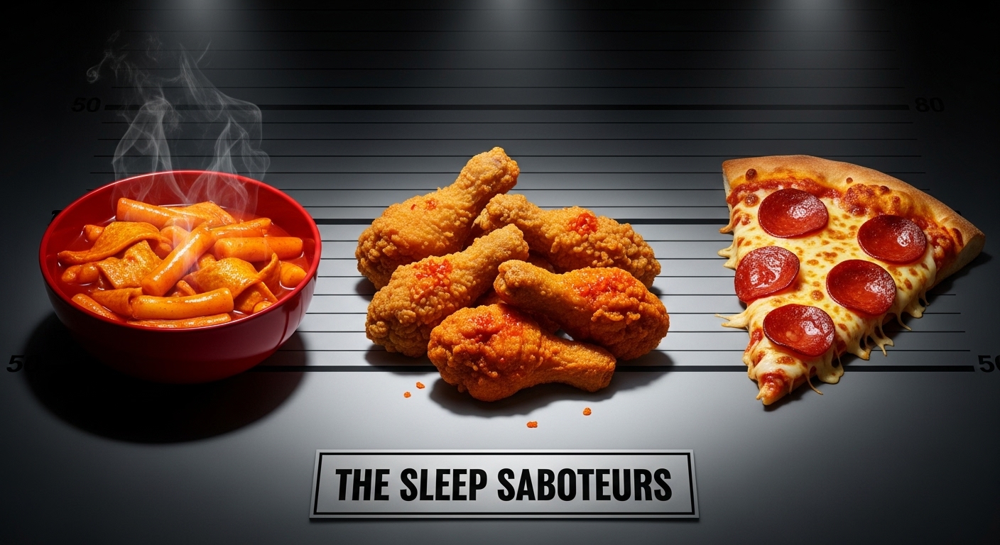 숙면을 방해하는 최악의 야식인 떡볶이, 치킨, 피자가 범인 라인업처럼 나란히 놓여 있는 모습.