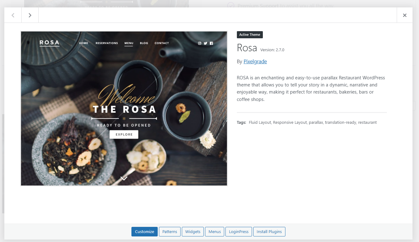 워드프레스 레스토랑 예약 테마 ROSA