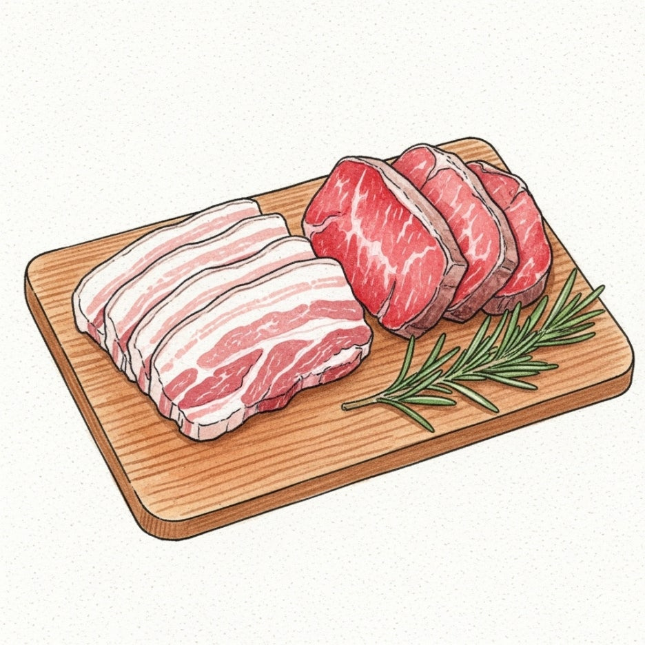 도마 위에 깔끔하게 손질된 신선한 생고기 조각들