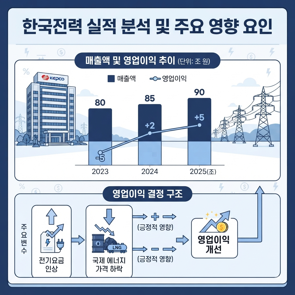 한국전력의 매출과 영업이익 변화 및 전기요금과 연료비 관계를 보여주는 실적 분석 이미지