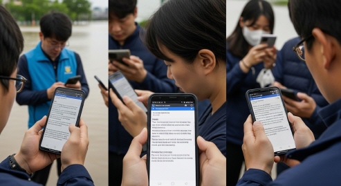 재난 문자 확인하며 미소 짓는 모습