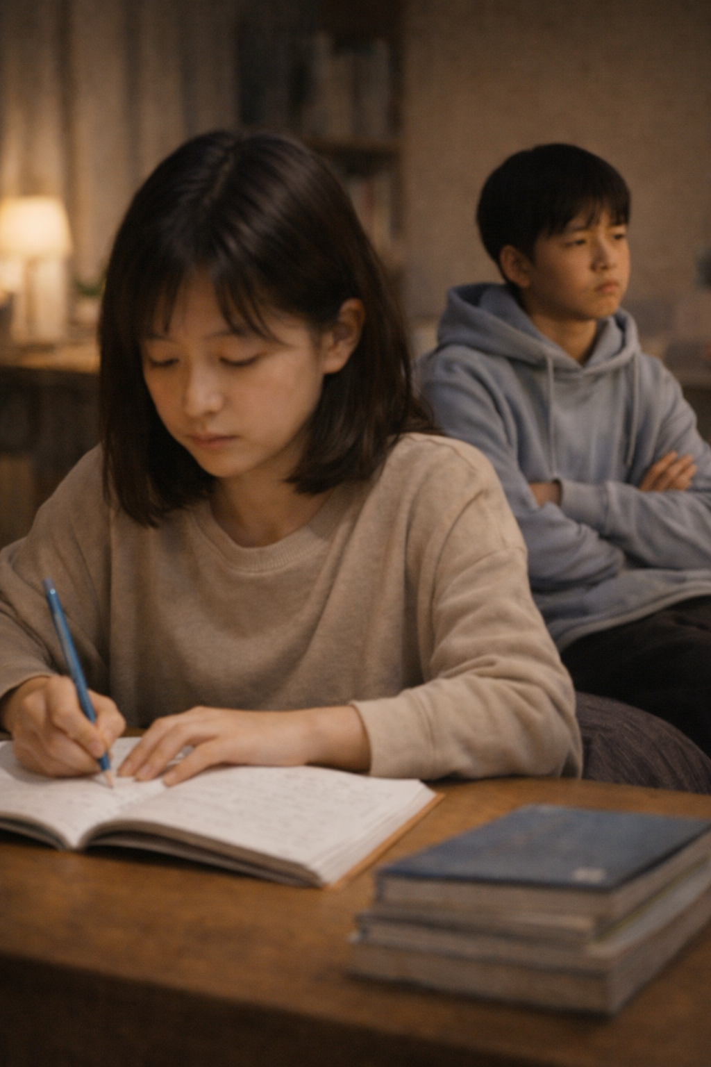 저녁의 공부하는 형제자매