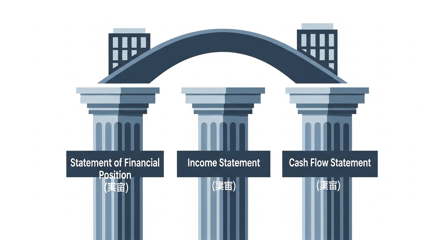 재무상태표, 손익계산서, 현금흐름표 세 개의 기둥이 회사를 튼튼하게 지탱하는 모습을 표현한 이미지. 재무제표의 핵심 기둥을 상징합니다.