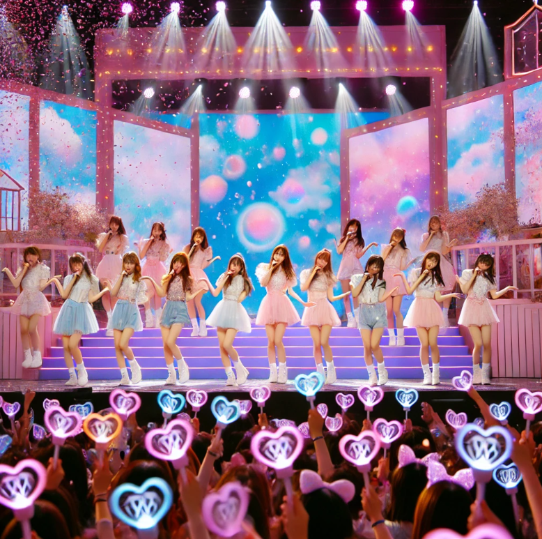 밝은 파스텔 톤의 조명, 청순하고 풋풋한 느낌의 아이돌 공연장 모습