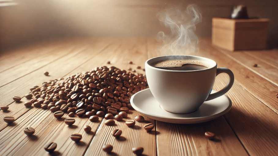따뜻한 김이 올라오는 커피와 윤기 나는 깊은 갈색의 원두가 나무 테이블 위에 놓여져있다