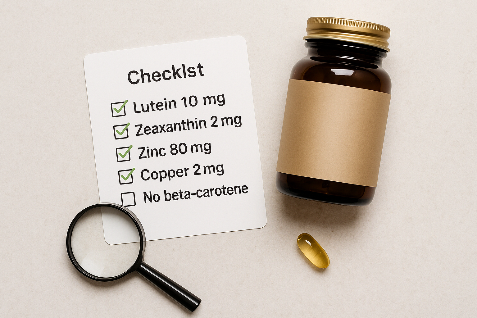 AREDS2 라벨 체크리스트: 루테인 10mg, 제아잔틴 2mg, 원소 아연 80mg, 구리 2mg, 베타카로틴 무첨가를 보여주는 실사 사진