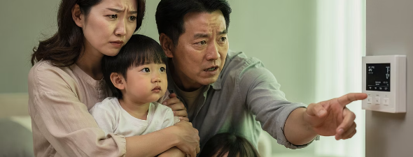 온도조절기를 보며 난방비를 걱정하는 한국 가족
