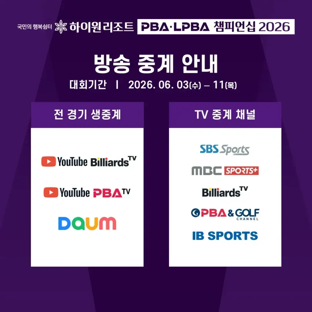 2026 하이원리조트 PBALPBA 챔피언십 일정 대진표 중계 우승상금