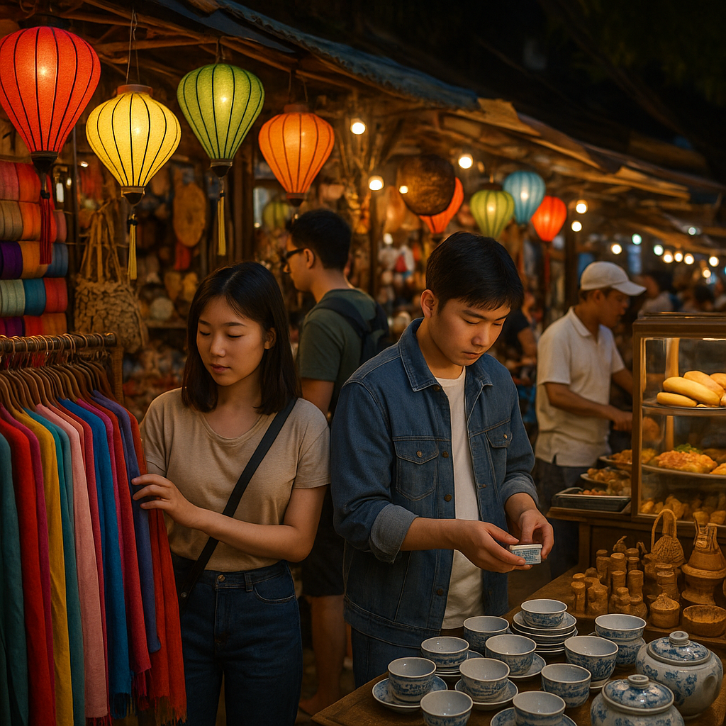 다채로운 등불이 밝힌 야시장 속에서 젊은 손님들이 수공예품과 길거리 음식을 구경하는 모습