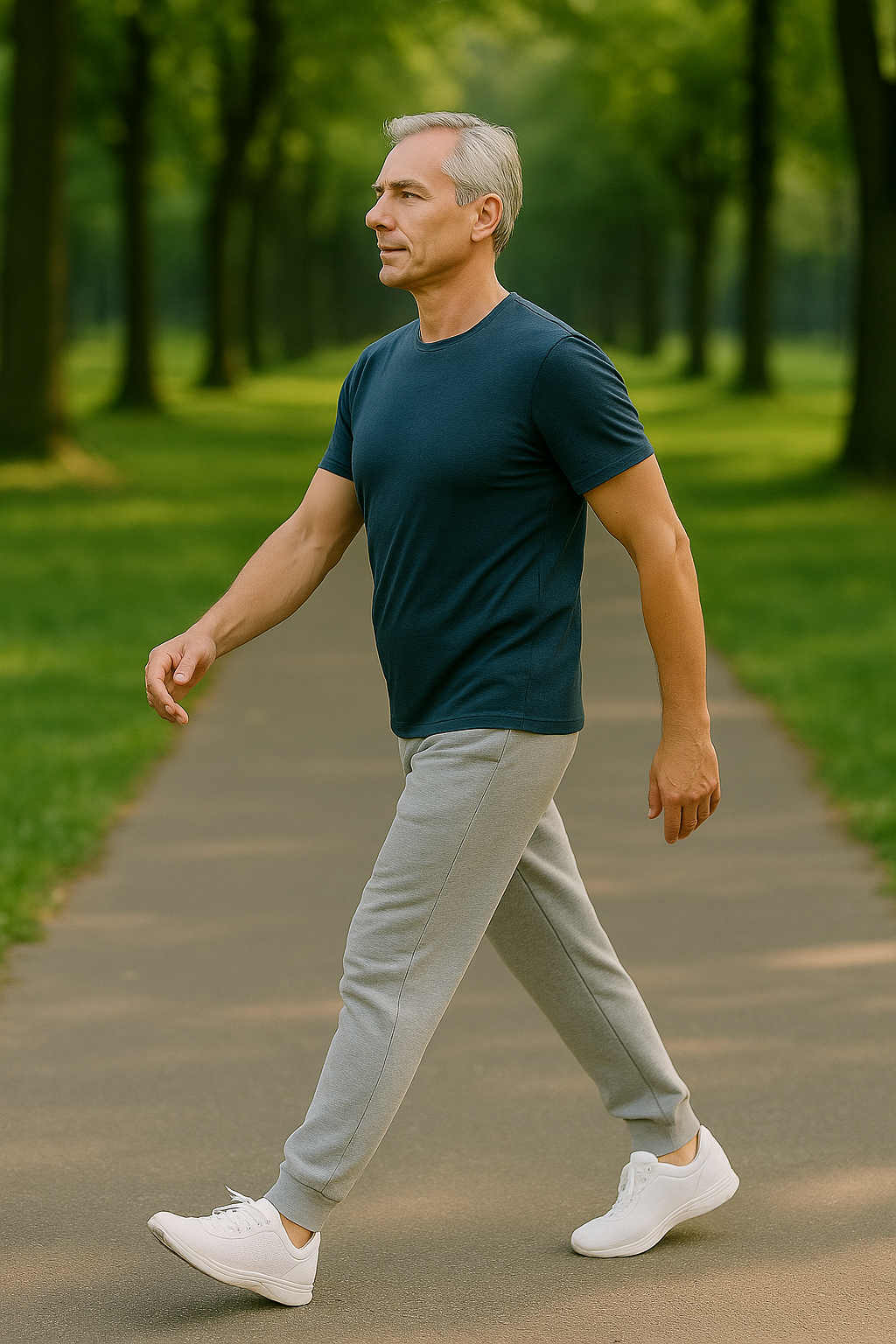 올바른 걷기 자세를 시연하는 60대 남성의 측면 모습