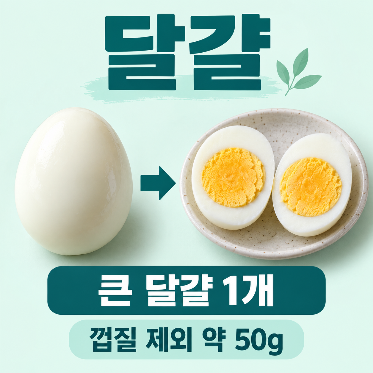 달걀 실사 분량 비교. 삶은 달걀 1개와 두 쪽을 합쳐 1개. 원문 1 large=먹는 부분50g. 국내 포장 등급의 껍질 포함 중량과 구분.