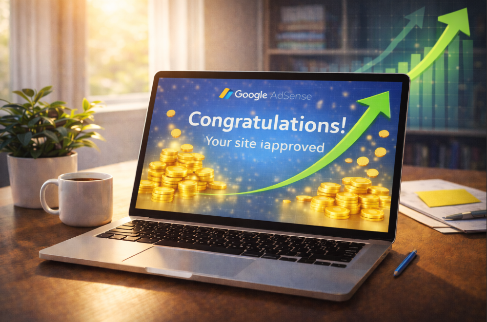 애드센스 승인 성공 후 디지털 자산으로서의 가치가 상승하는 밝은 이미지