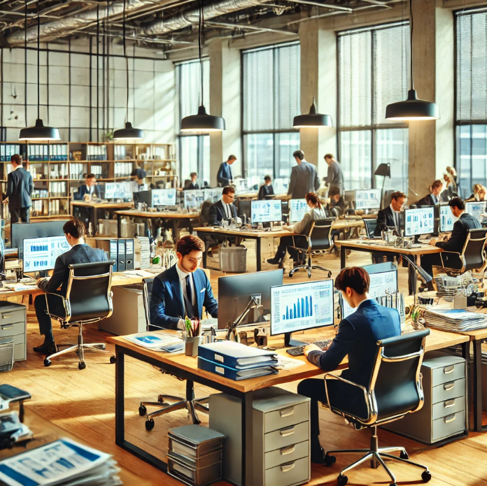 한국의 현대적인 사무실에서 열심히 일하는 직원들