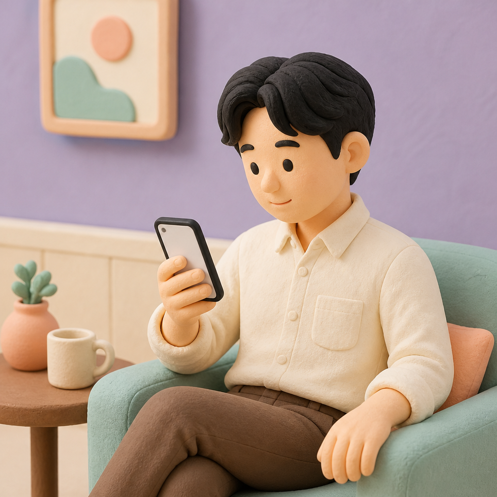 회사 휴게실에서 휴대폰 메시지를 다시 읽어 보는 30대 남성