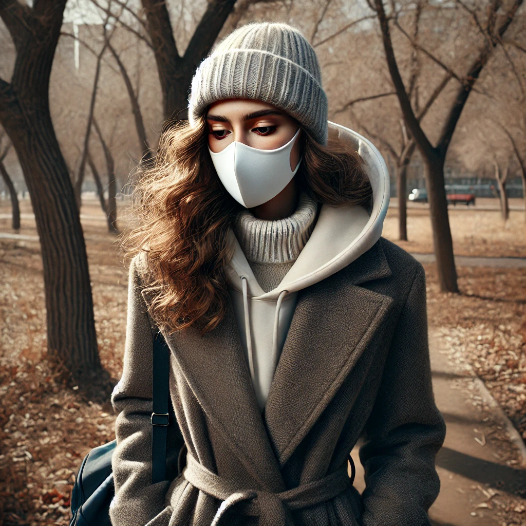 기관지염으로 고생중인 여성이 미세먼지 때문에 마스크를 착용하고 걷는 모습.