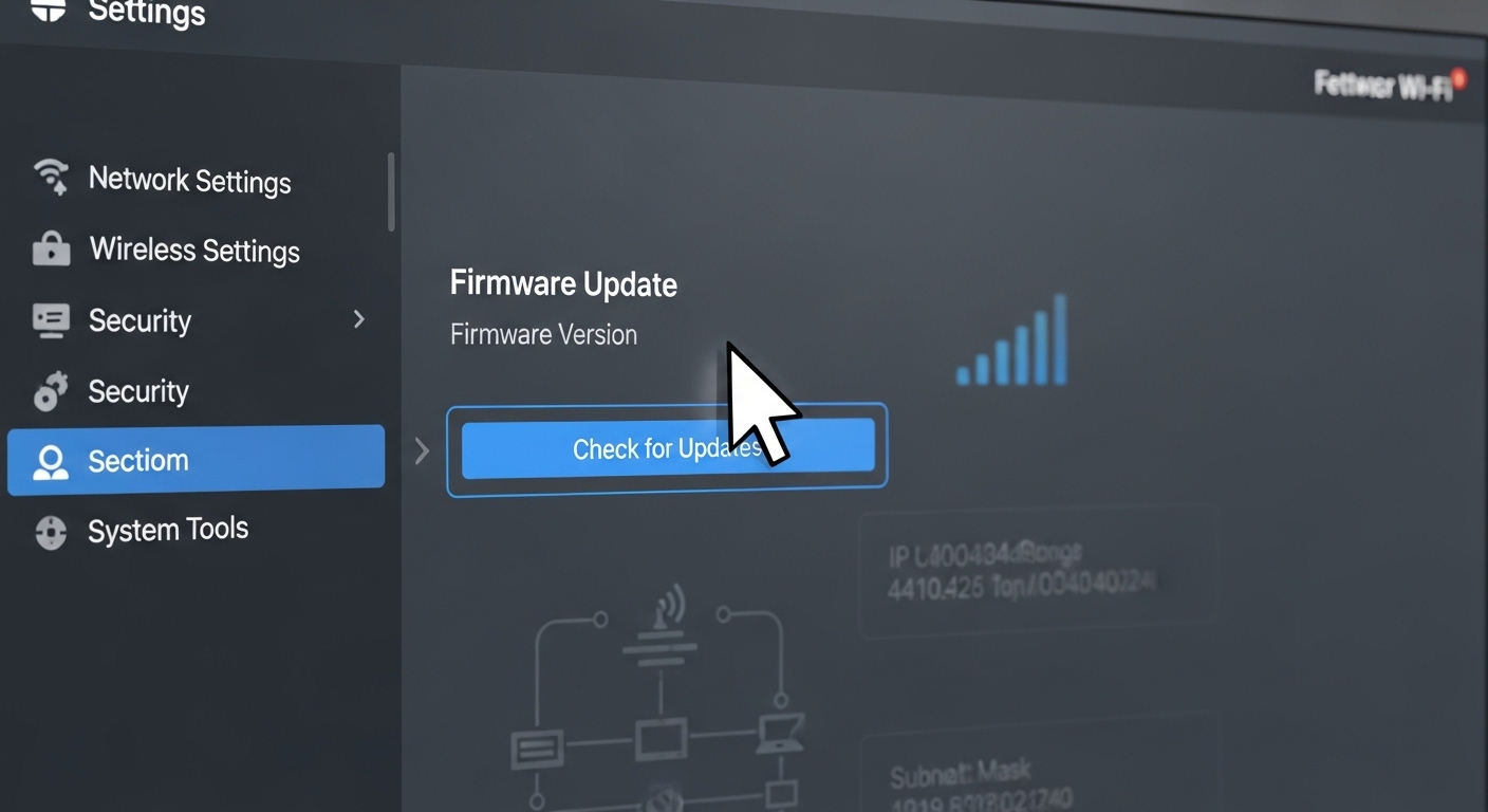 컴퓨터 화면에 라우터 설정 페이지가 보이며 펌웨어 업데이트 버튼 위로 마우스 커서가 있는 모습