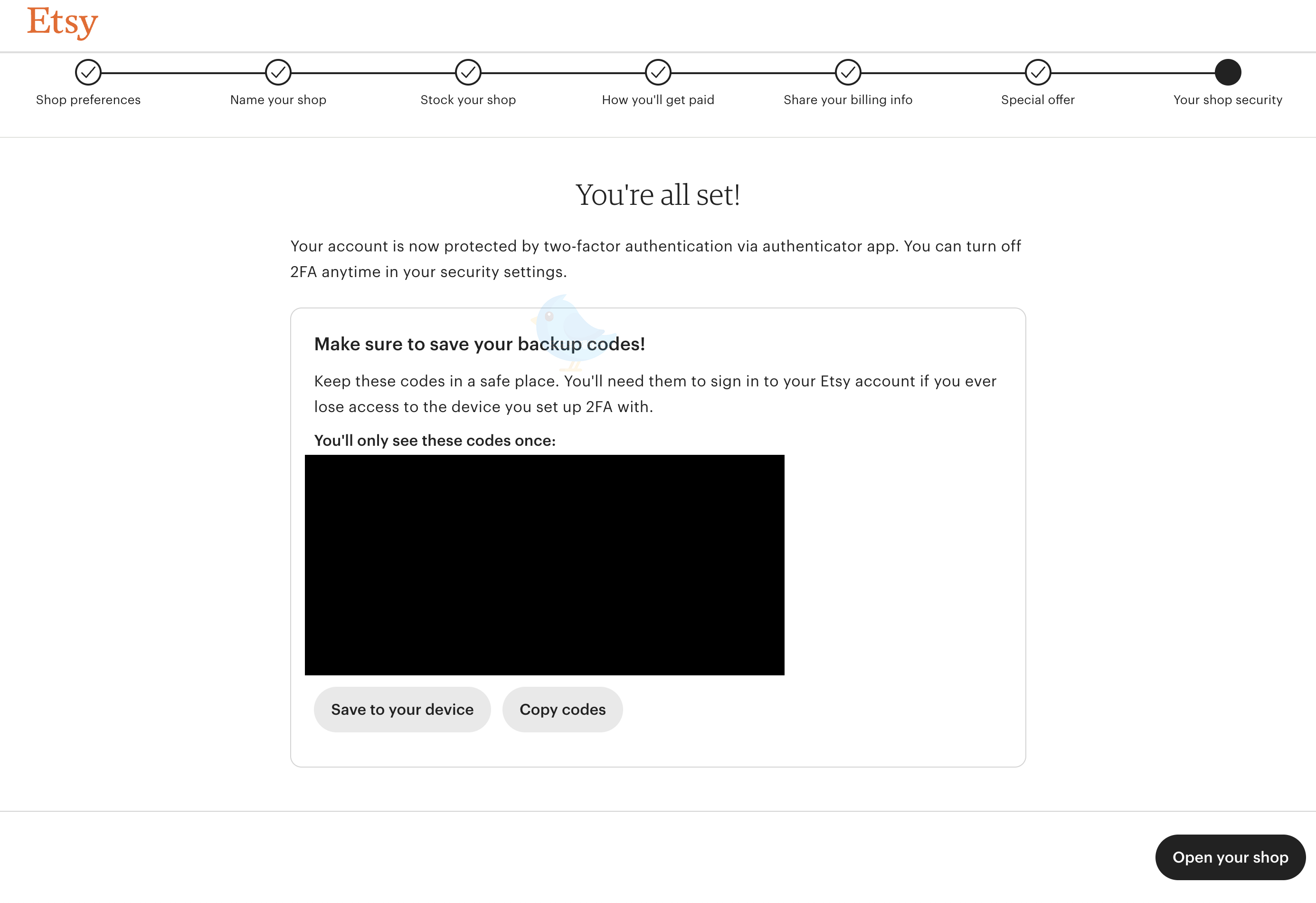 엣시샵 개설(Backup codes)