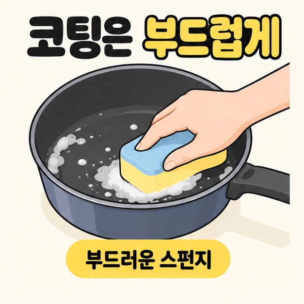 코팅은 부드럽게 문구 아래 손이 스펀지와 세제 거품으로 코팅 냄비 안쪽을 닦는 모습