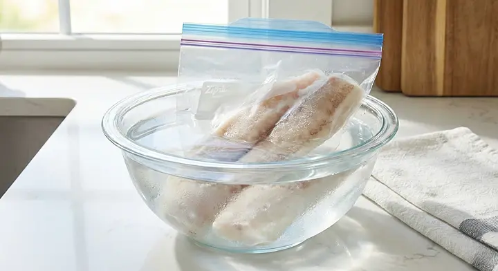 지퍼백에 담긴 냉동 동태포를 찬물이 담긴 볼에 넣어 해동하는 모습