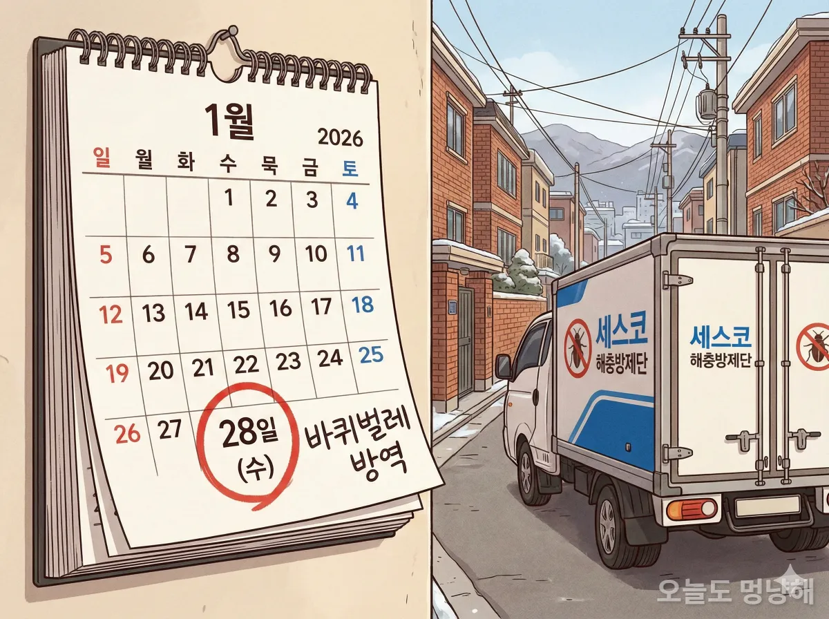 2026년 1월 말 달력과 한국 동네의 방역 차량 일러스트