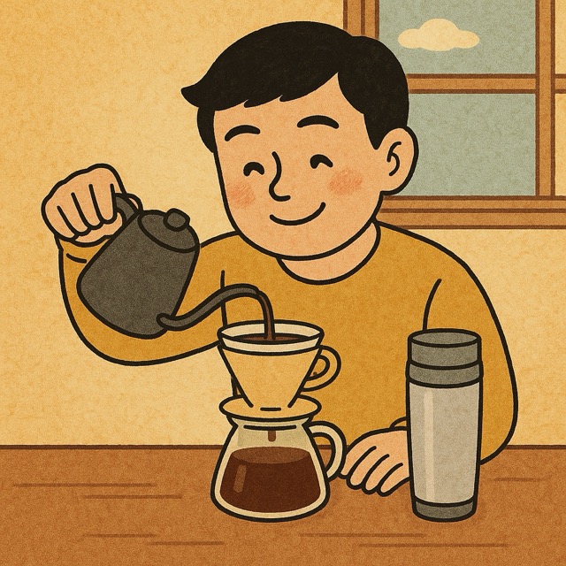 핸드드립 도구와 텀블러를 앞에 두고 아침 커피를 내리는 1인가구