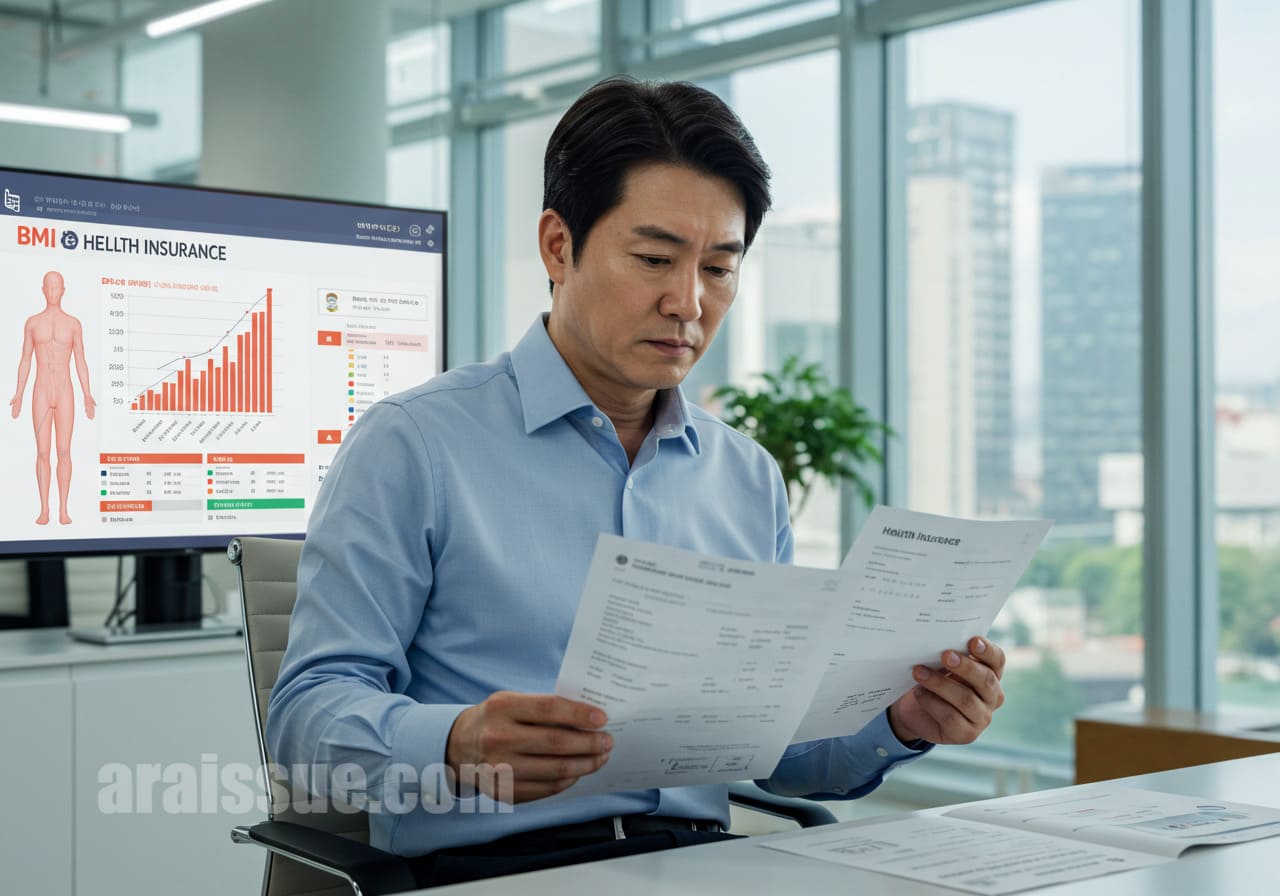 40대 한국 남성이 현대적인 사무실에서 실손보험 서류를 확인하며, 모니터에 표시된 BMI 차트를 보고 있는 모습입니다.