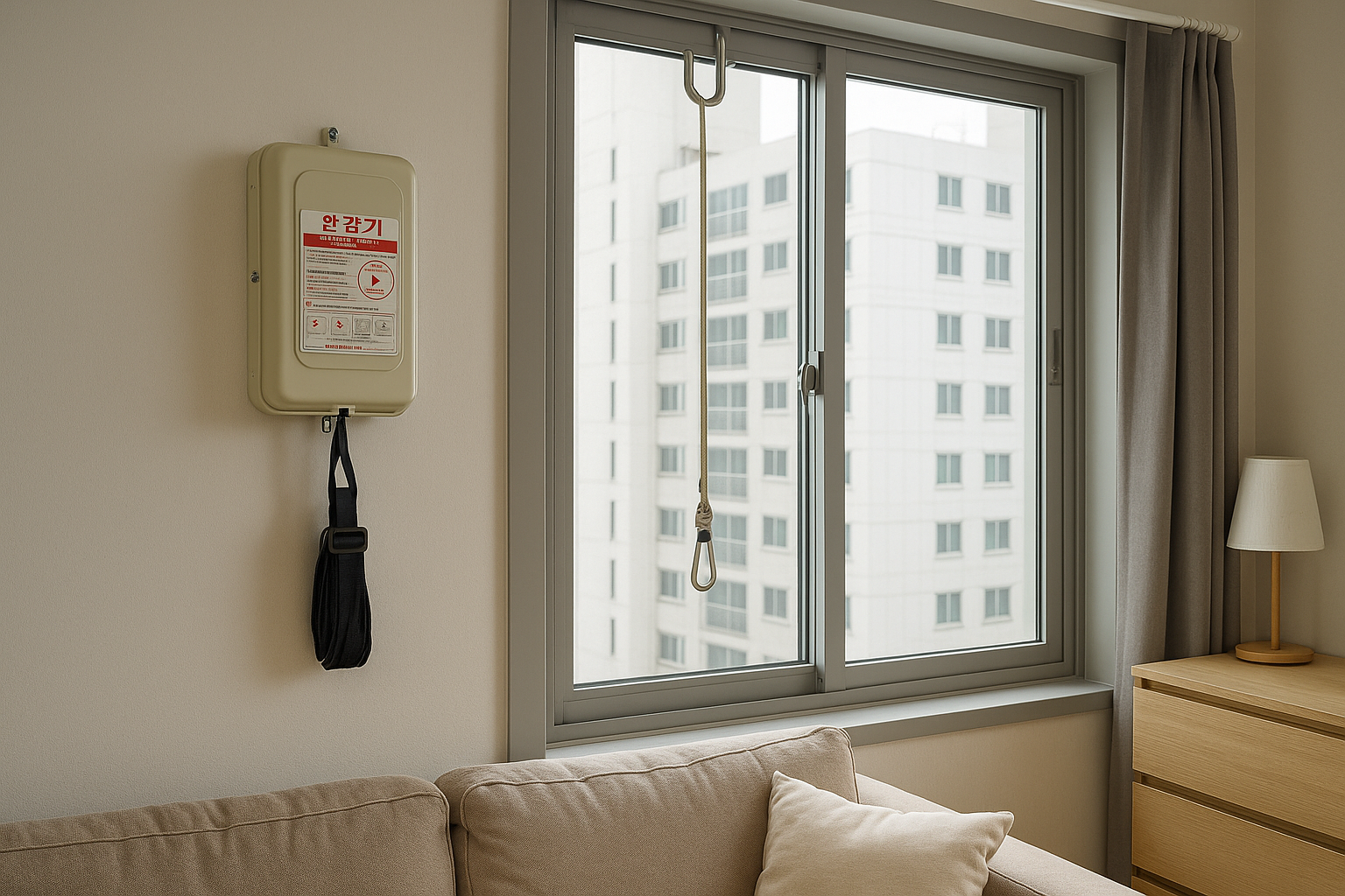 거실 창가 벽면 지지대와 완강기 케이스가 보이는 장면